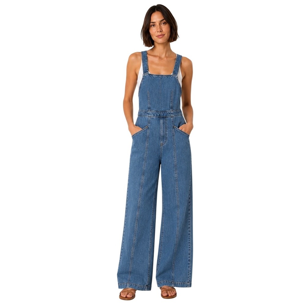 Free People We The Free Denim Wide Leg Overalls Jumpsuit Size 6 Utility 70s